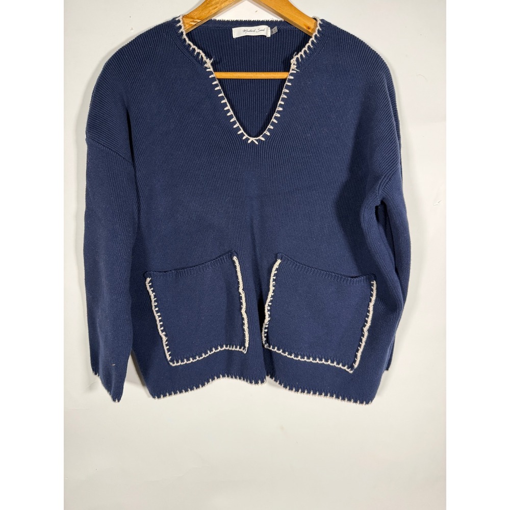 Mustard Seed Navy Blue Cotton Ribbed V-Neck Blanket Stitch Pocket Sweater S